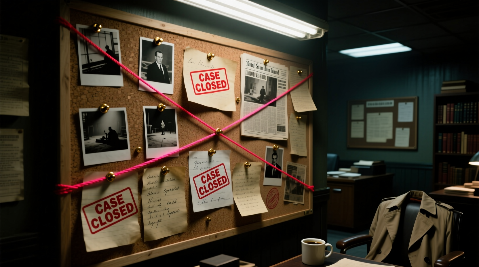 Detective evidence board with red string connecting solved cases - noir investigation crime scene analysis