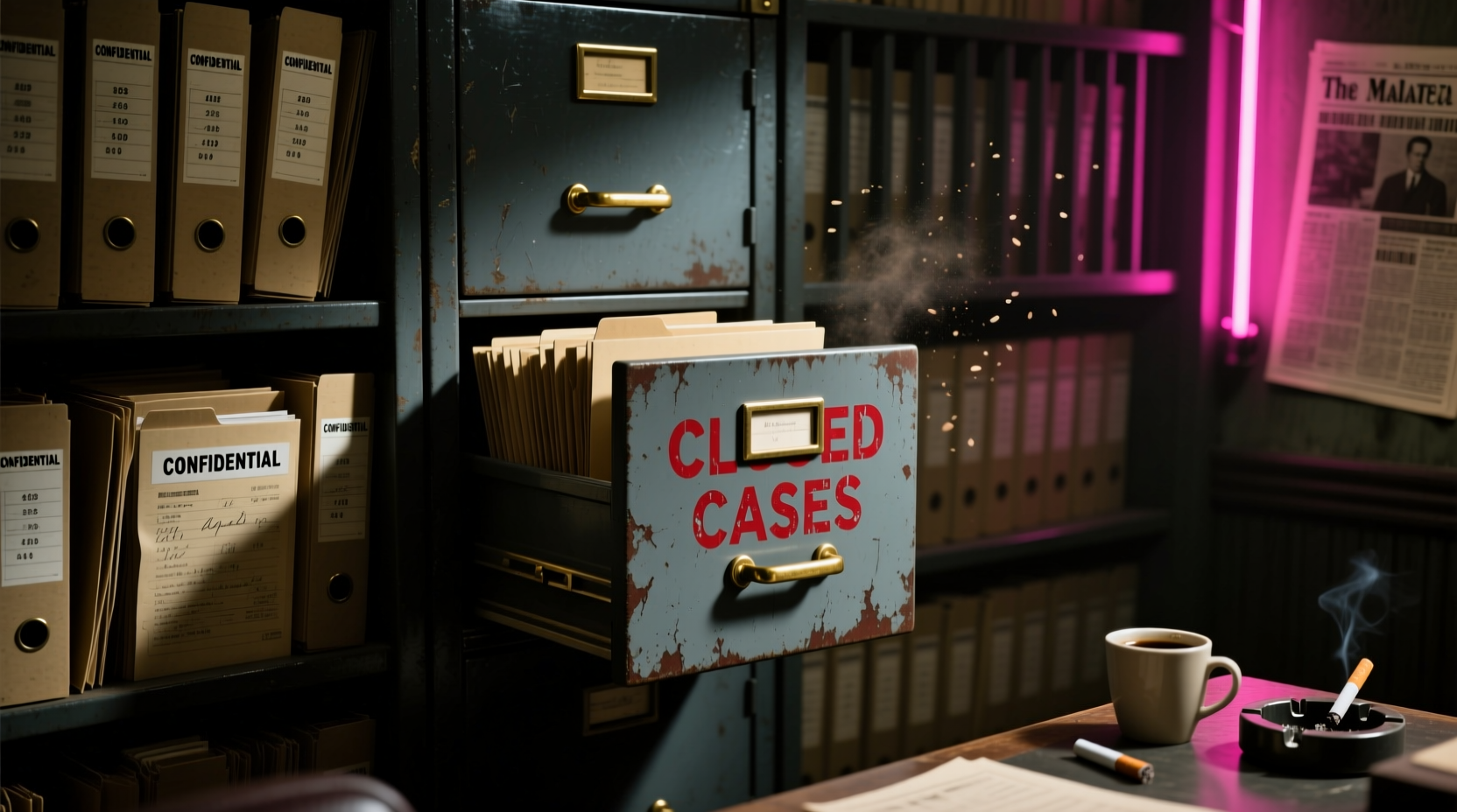 Vintage noir detective agency filing cabinet with classified case files - closed investigation archive