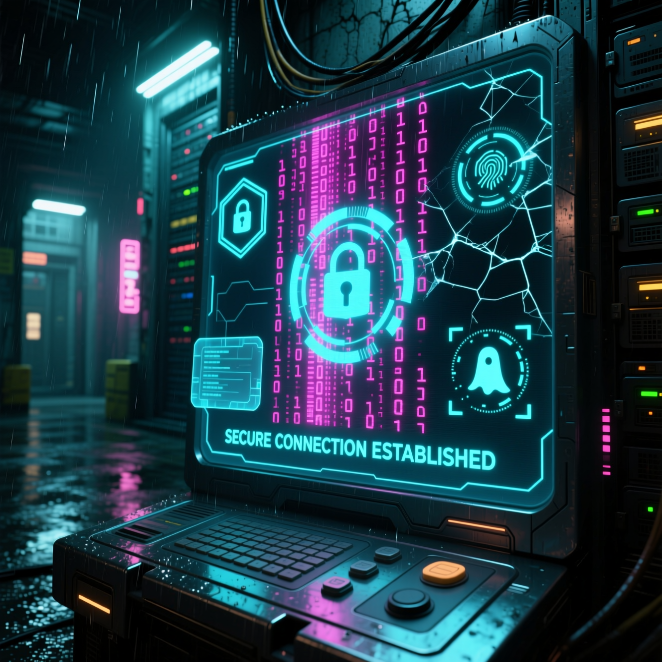 Futuristic encrypted communication terminal - secure cyberpunk detective agency contact system with end-to-end encryption