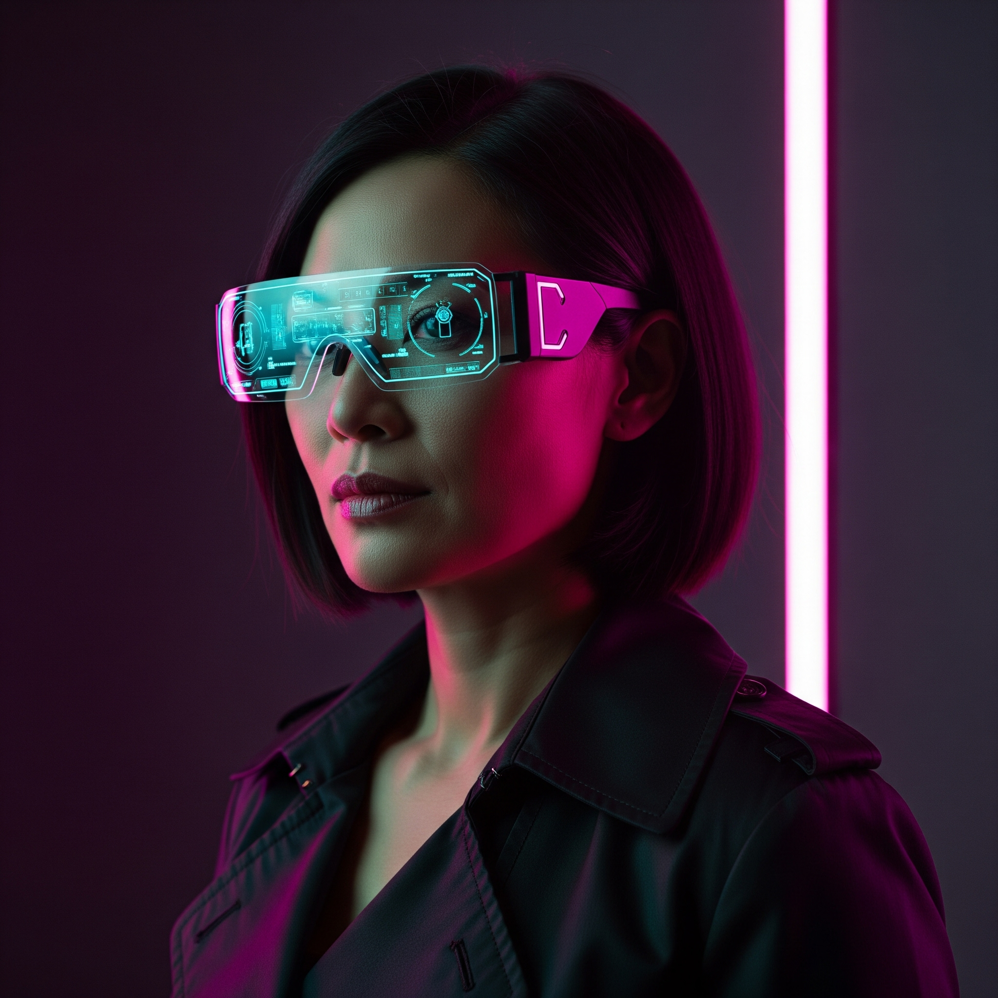 Detective Cipher Chen portrait - lead cryptography expert and encryption specialist at cyberpunk noir detective agency