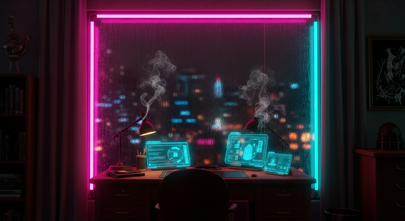 Cyberpunk noir detective agency office interior with neon lighting and vintage furniture - professional private investigation headquarters